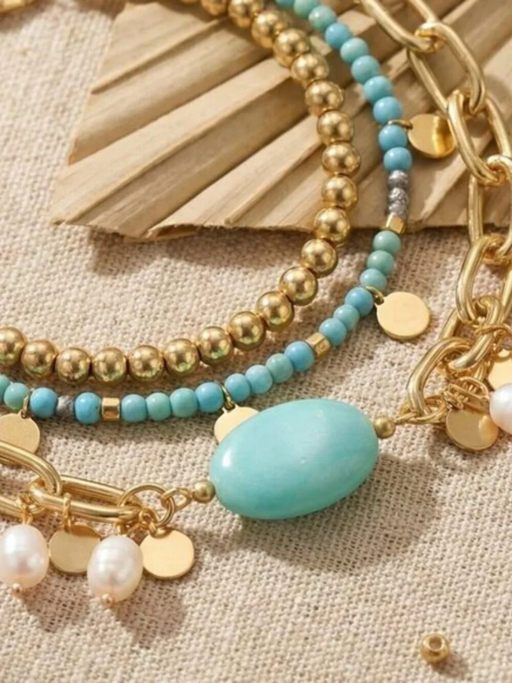 18k Gold Plated 316L SS Blue Jade and Freshwater Pearl Stackable Bracelet Set